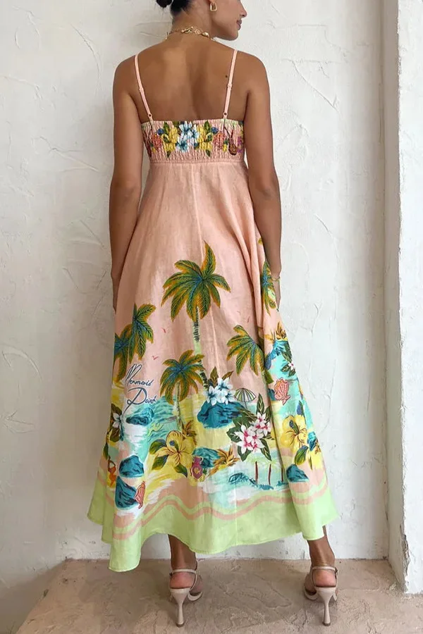 Elegante vestido longo com correias femininas, casual sem mangas, estampa de férias, vestido feminino Midi, sem encosto, verão