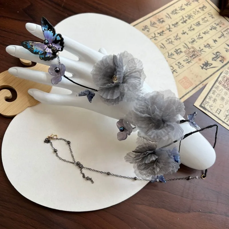 Gelang Vintage Cina Baru Warna Abu-abu Bermotif Bunga untuk Hanfu, Gelang Oriental yang Dapat Disesuaikan, Gaya Bohemian
