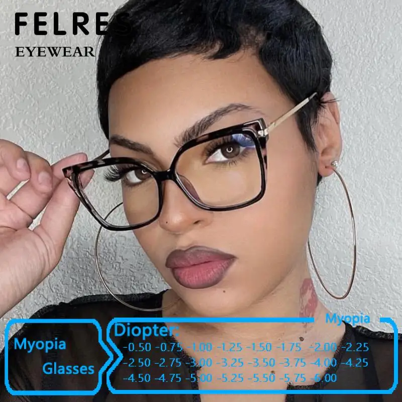 Stylish Optics Negative Diopter Myopia Glasses Women Leopard Oversized Square Eyeglasses Metal Anti Blue Light Computer Glasses