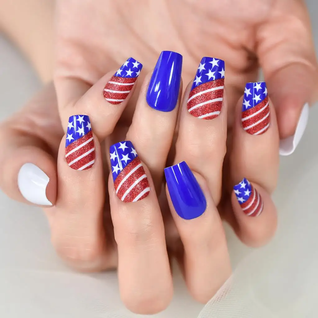 US Medium Coffin Shape Flag Pattern Press On Nail Tips Glitter Multicolor Classy Fake Nails Art Salons At Home Reusbale With Tab