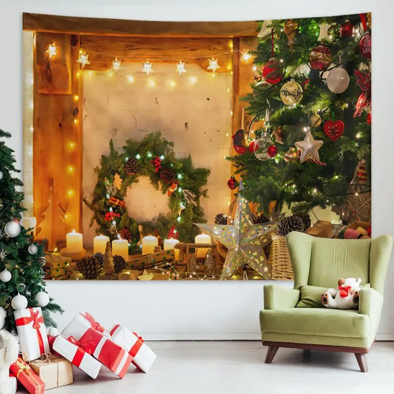 VIKAMA Warm Wooden House Christmas Tapestry Background Cloth Wall Decoration Living Room Background Wall Room Decoration