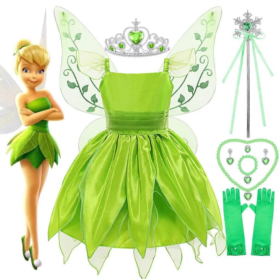 

Baby Girl Tinkerbell Costume Kid Green Fairy Dress Fly Sleeve Tulle Leaf Modeling Ball Gown Frock Toddler Birthday Party Outfits