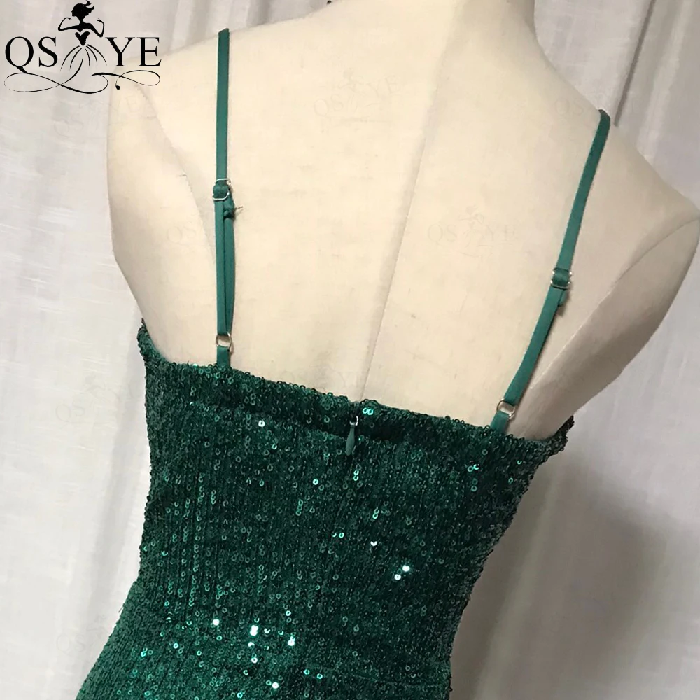 Emerald Green Evening Dresses Spaghetti Shoulder Straps Sexy V Prom Gown Sequin Long Party Dress Ruched V Neck Women Formal Gown