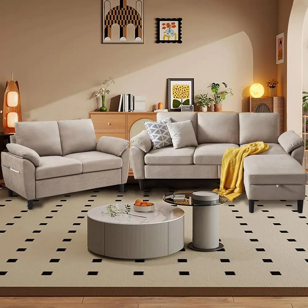 80 Convertible Sectional Sofa Set, Linen Small L-Shaped Couch with Reversible Chaise and Loveseat, Ideal for Living Room, Office