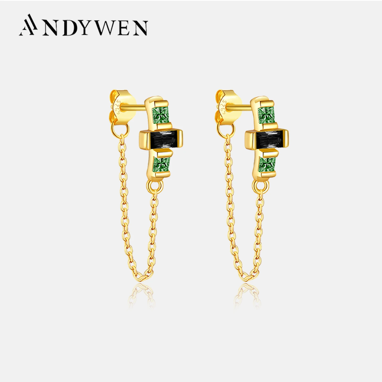 ANDYWEN 925 Sterling Silver Gold Brown Green Chain Drop Earring Piercing Pendiente Criollas AUDRAY Verde Wedding Jewelry Gift