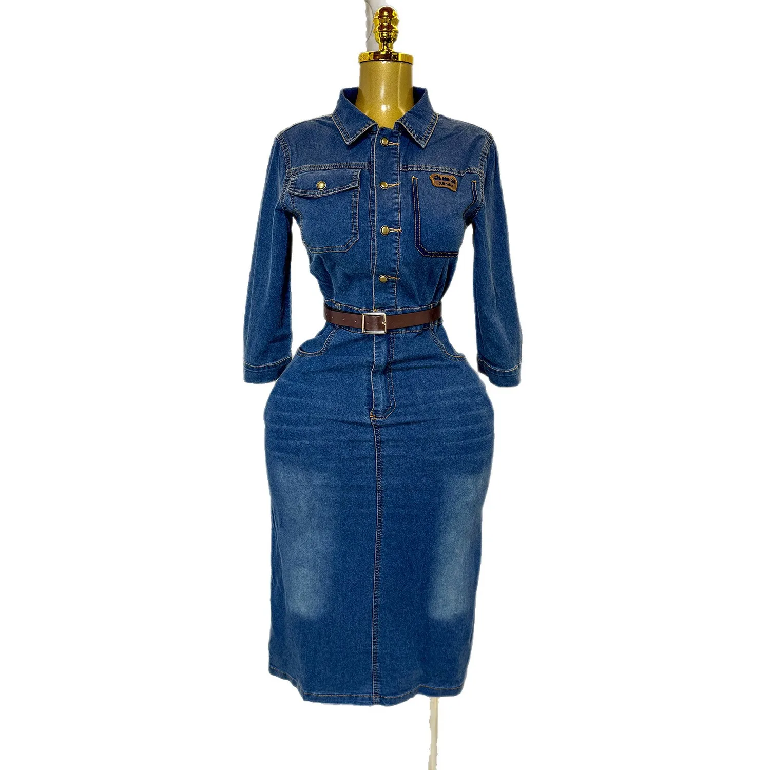 

Dresses Women Vintage Button Denim Turn Down Collar Dress Half Sleeve Streetwear Mom Jeans Pocket Slim Vestidos Slight Strech