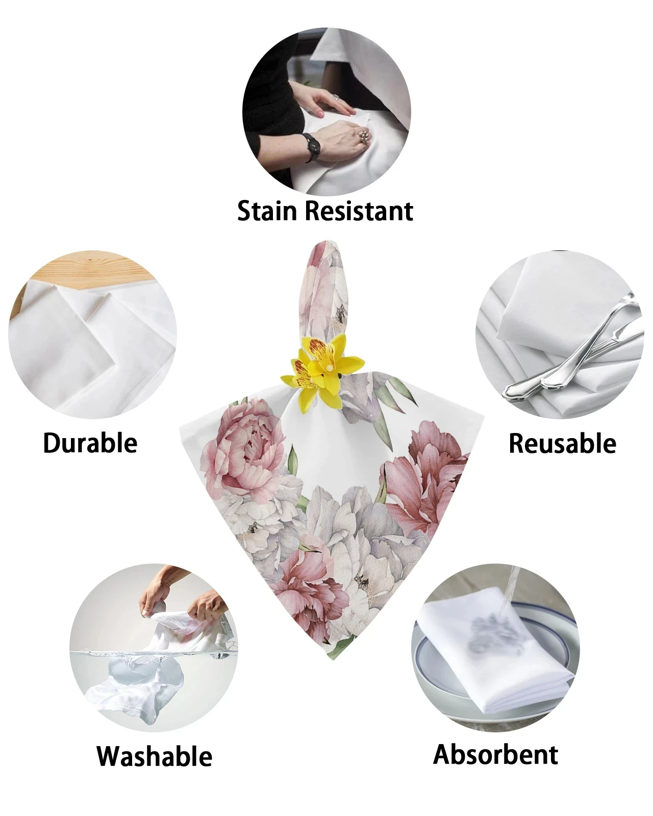 2Pcs Flowers Pink Peony White Cloth Napkins Table Decoration Tea Towels Birthday Wedding Party Decoration Reusable Napkin