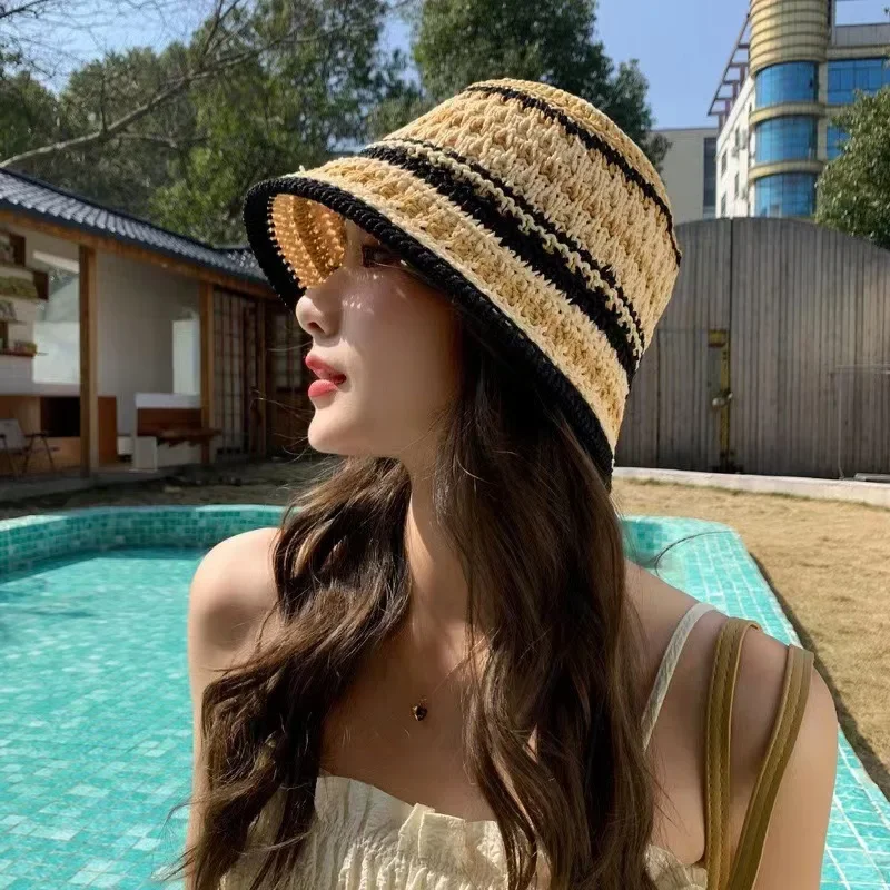 Customization 1pc Women's Summer Striped Colorful Openwork Fisherman Hat,Knitted Bowl,Breathable Thin Foldable Sun Bucket Hat Fo