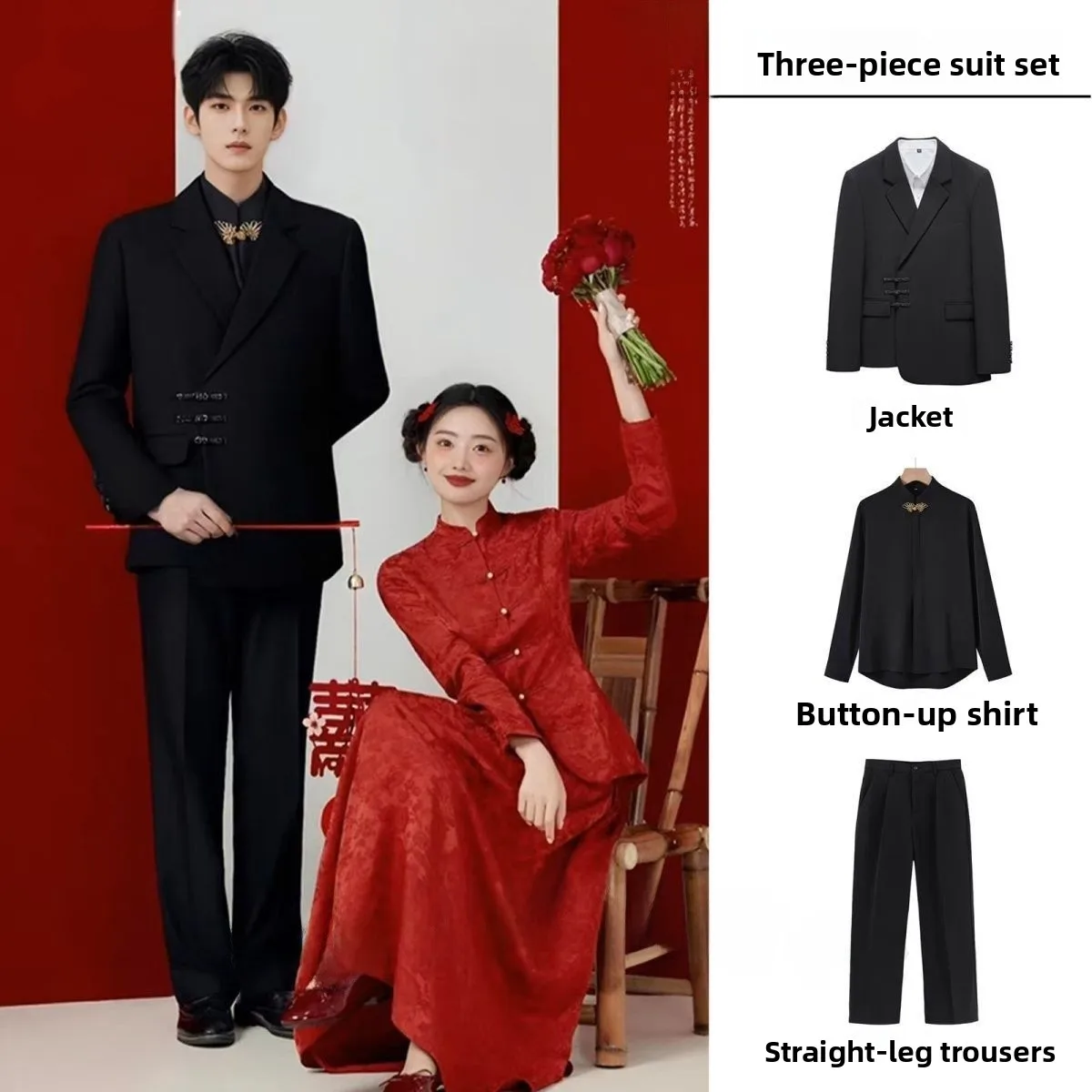 

New Chinese Sle Wedding Suit for Men Brideom Tuxedo Wedding Engagement Ceremony Traditional Costume Set