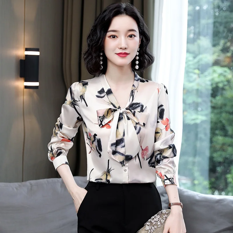 Silk irt Women's Premium Brand Outlet Spring Summer Autumn Long Sve  Knot Slim Fit Regular Length Floral Pattern