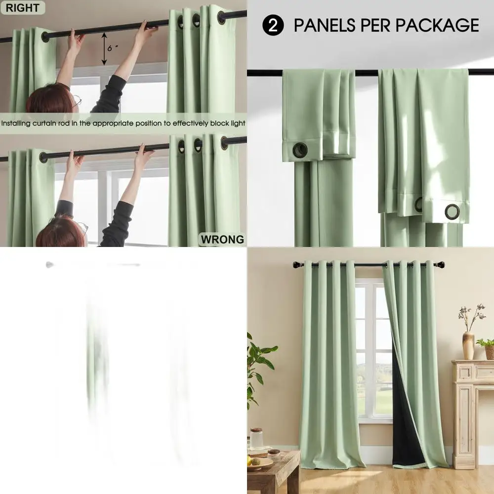 ستائر خضراء حكيمة معزولة حراريًا، مجموعة من لوحتين، 52 × 96 بوصة، كتلة إضاءة كاملة، ستائر عازلة للحرارة لغرف النوم والليفي