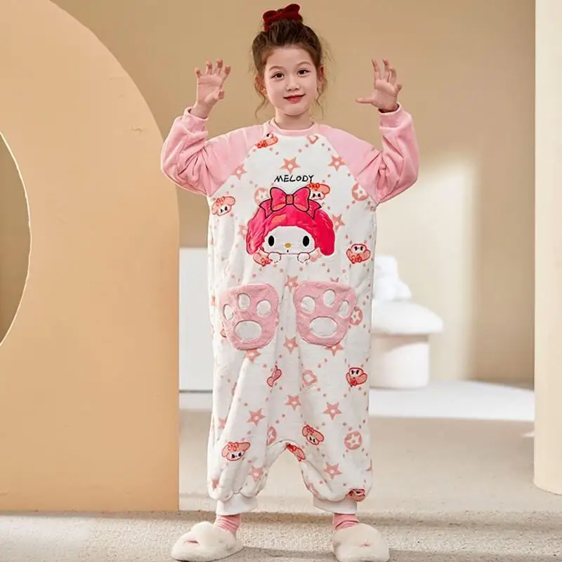 

Sanrio Kuromi My Melody Pompom Purin Cinnamoroll весенне-зимние пижамы для девочек коралловый флис теплая детская домашняя одежда комбинезон одежда для сна