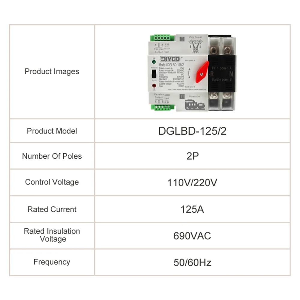 2P Single Phase Automatic Transfer Electrical Selector Dual Power Switches Uninterrupted Power Din Rail ATS 125A Household