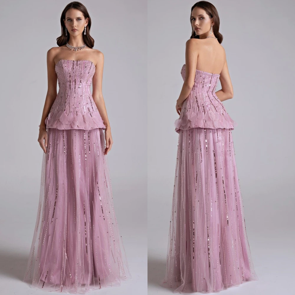 

Customized Elegant Strapless Tulle Evening Dress Delicate Sweep Train Temperament Sleeveless Special Occasion Gown