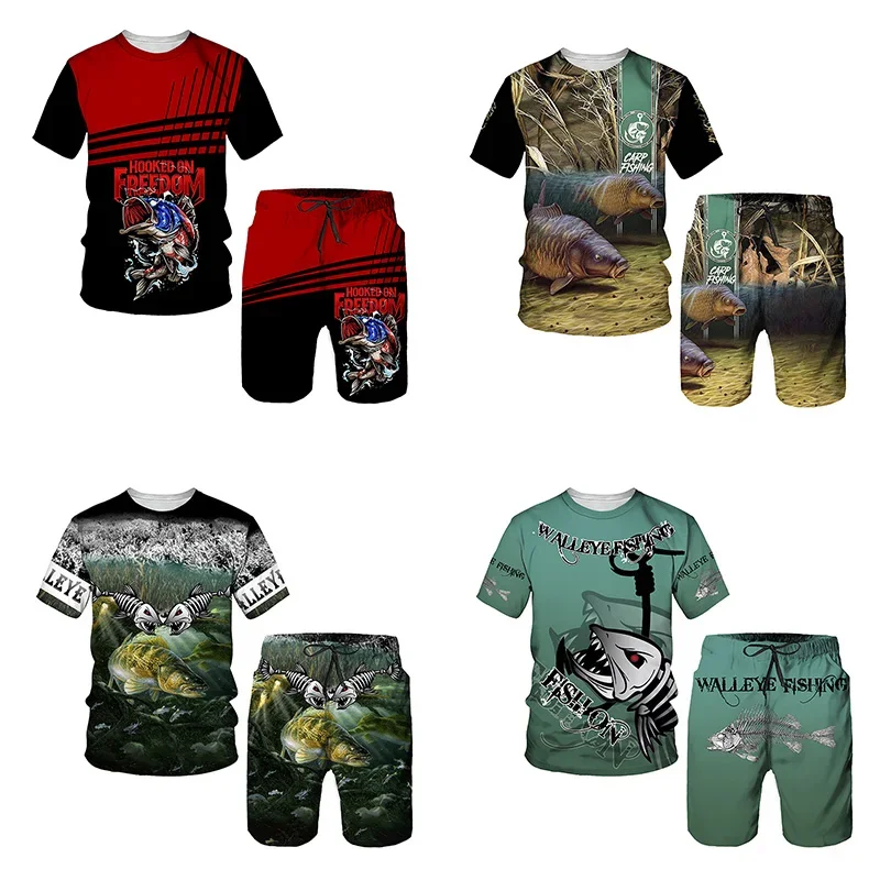 

2024 Carp Fishing Pattern Print Summer Fun T-shirt Shorts Set Men's Sportswear Sportswear Cool Men's Fabrics