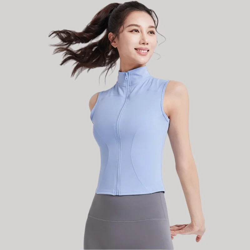 Women Zipper Yoga Shirts Solid Stand Collar Elastic Slim Fit Sports Jacket Breathable Sleeveless Sunscreen Workout Clothes