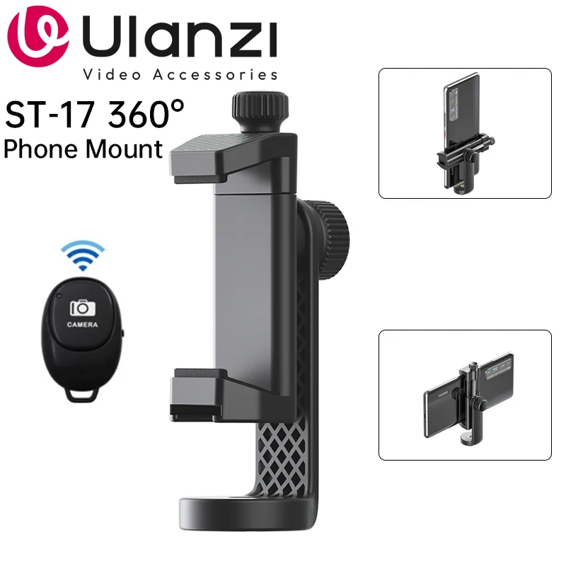 Ulanzi ST-17 360° Horizontal and vertical Shooting Tripod Phone Mount Holder Clamp Clip With Cold Shoe 1/4'' Tripod Mount Base