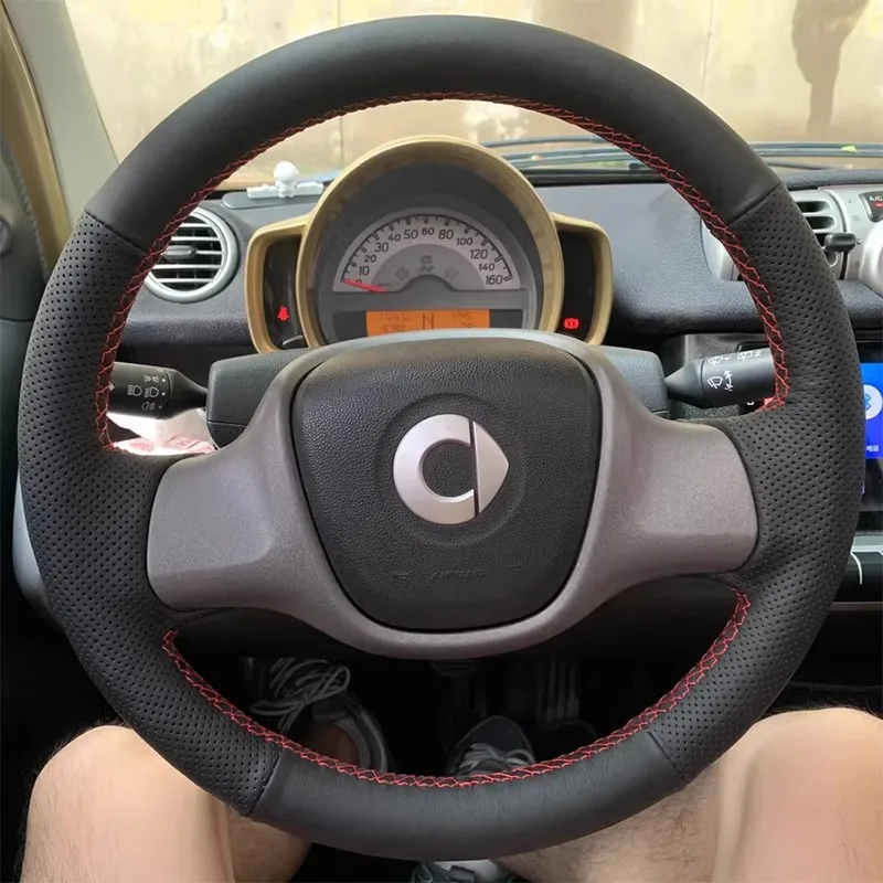 For Mercedes-Benz smart 451 Fortwo 2009-2015 Hand-stitch black Genuine Leather Carbon Fiber non-slip car Steering Wheel Cover