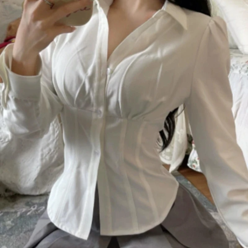 White Women Shirts Flattering Waist Slim New Design Folds Button-up Official All-match Preppy Style Faddish Simple Aesthetic