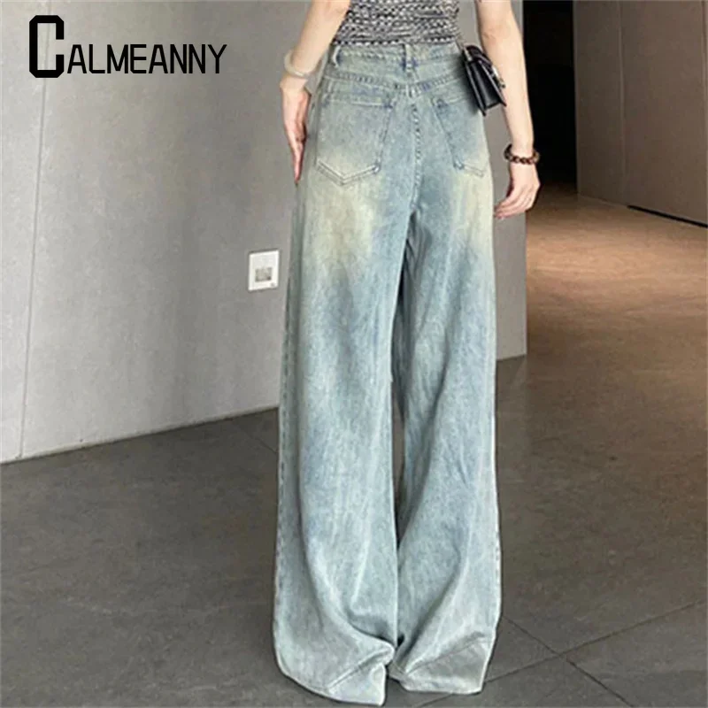 レディースワイドレッグジーンズ 2025 春夏 韓国版 ファッション ヴィンテージ ストリートウェア シンプル オールマッチ レジャー ハイウエスト トラウザーズ
