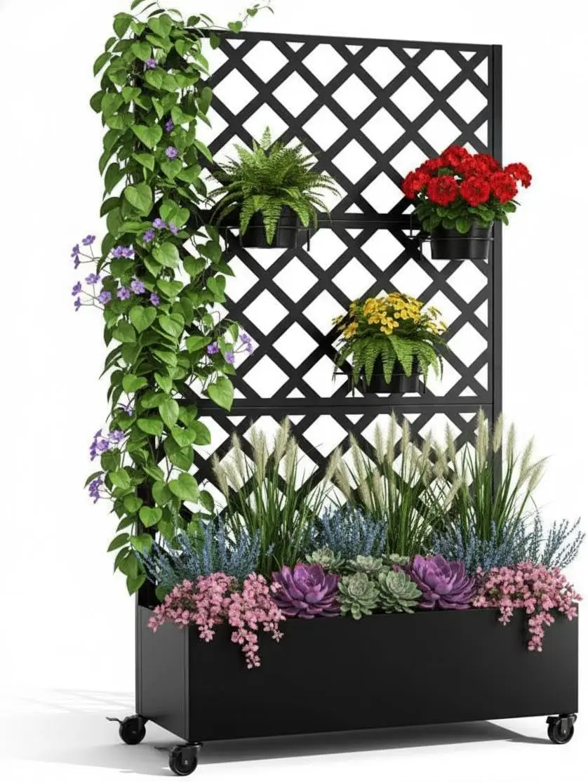 Galvanized Raised Garden Bed on Wheels with Lockable Casters, 3-in-1 Metal Planter Box with Trellis and Privacy Screen for Patio, Outdoor Elevated Planter for Climbing Vegetables