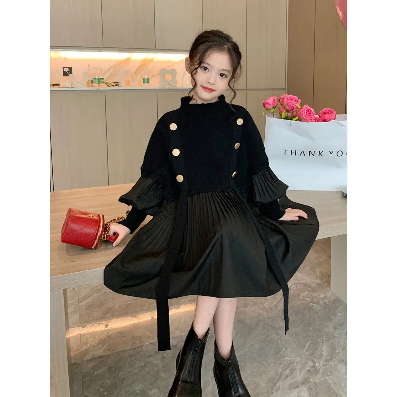 

Spring and Autumn Children's Clothing Black Spliced Knitted Pleated Dress Teen Girls Vintage Fashion Dress Outfits Girl Dress