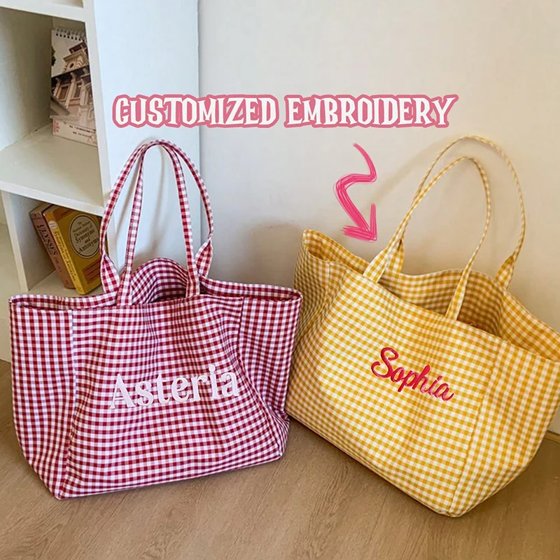 Bolso Tote para Mujer (Bordado Personalizado), Bolso de Lona a Cuadros Simple Bordado Personalizado, Bolso Tote Original de Gran Capacidad y Versátil para Viajar, Bolso de Hombro para Estudiantes