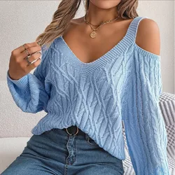 Autumn and Winter Women's Pullover V-neck Lantern Sleeve Solid Color Fried Dough Twists Loose Fashion Casual Sweater Tops