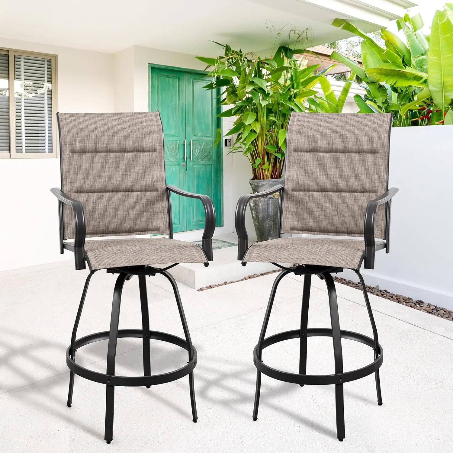 

2 Piece Outdoor Patio Swivel Bar Chairs, All Weather Padded Sling Textile High Top Bar Stools, Bistro Set for Backyard