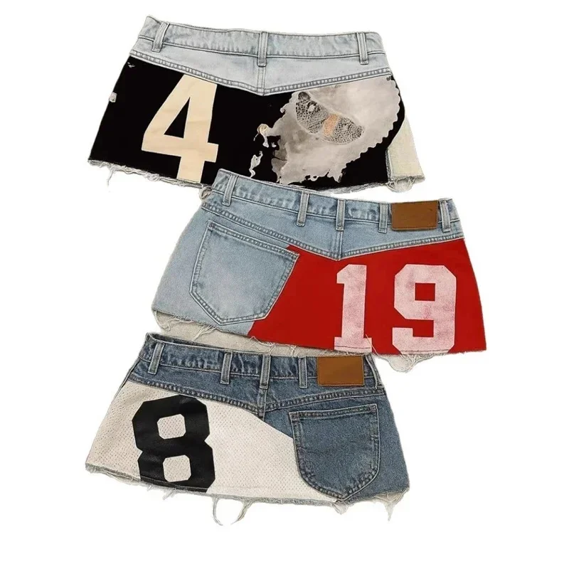 Y2K Gothic Streetwear Digital Print Patchwork Washed Denim Mini Skirt Edgy Clubwear For Women Teens Halloween Party Outfit