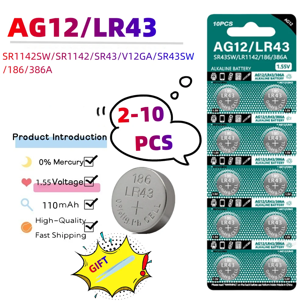 2-10PCS 1.55V AG12 LR43 110mAh Lithium Button Cell SR43 386 LR1142 V12GA AG 12 SR43W SR1142 Coin Cell Watch Toys Remote Battery