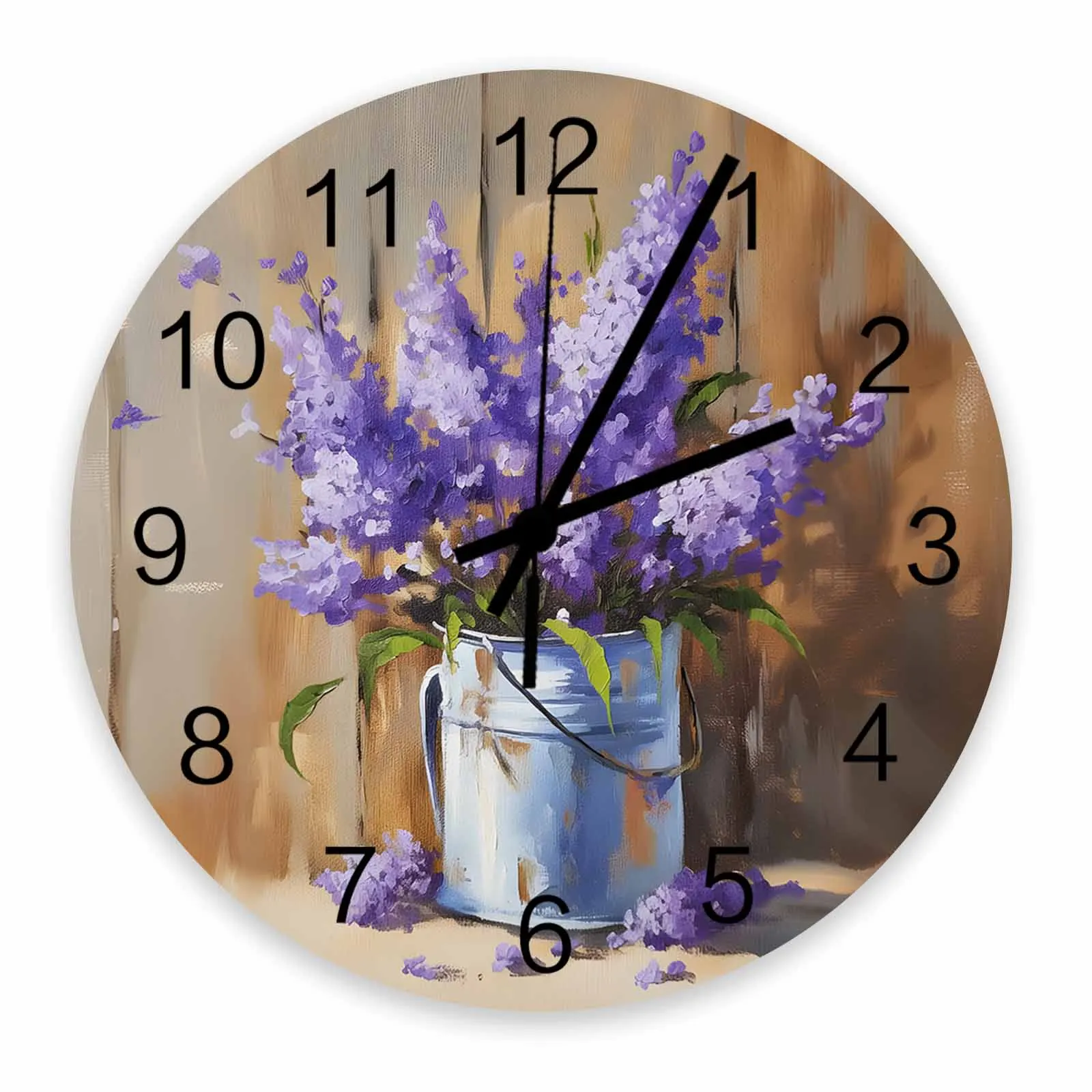 Oil Painting Purple Lavender Iron Bucket Wall Clock Large Modern Kitchen Dinning Round Wall Clocks Bedroom Silent Hanging Watc