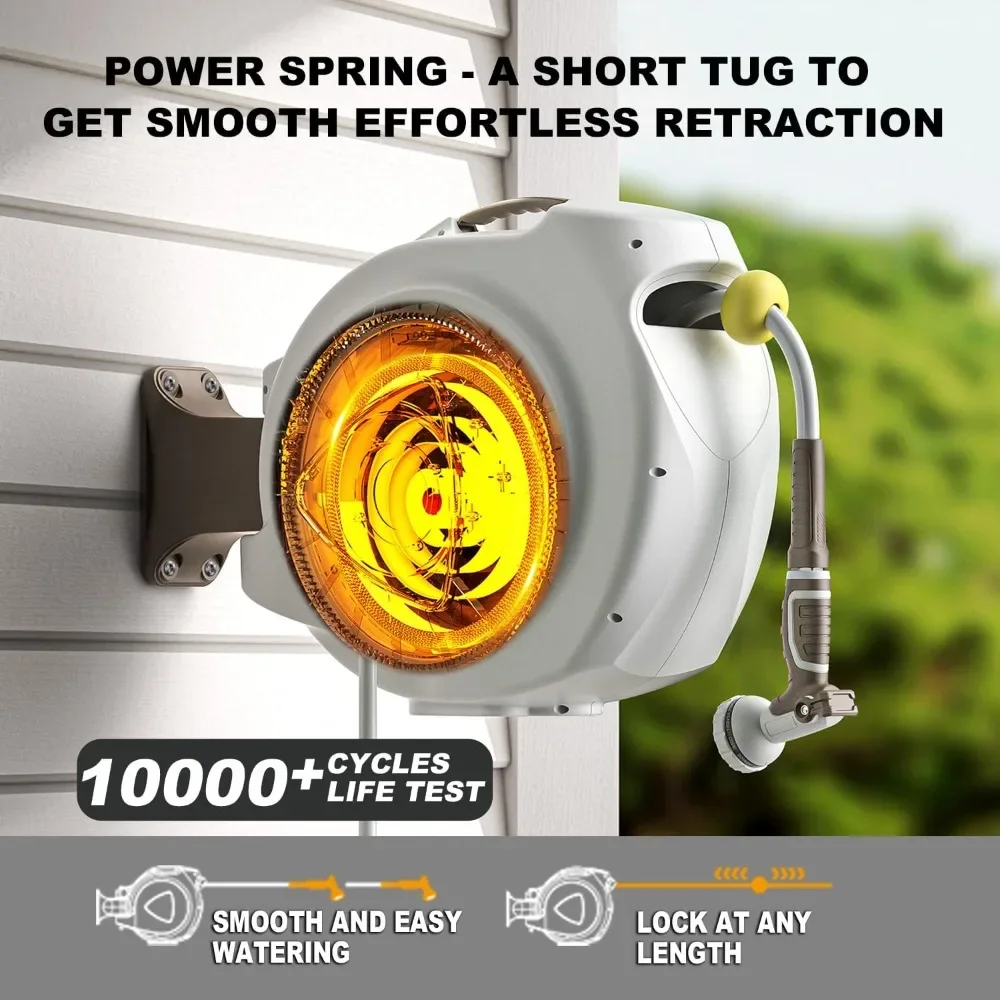 

Retractable Garden Hose Reel, 5/8 in 100+6 ft, Heavy Duty Wall Mounted Water Hose Reel, Spring Power Automatic Rewind, Any Lengt