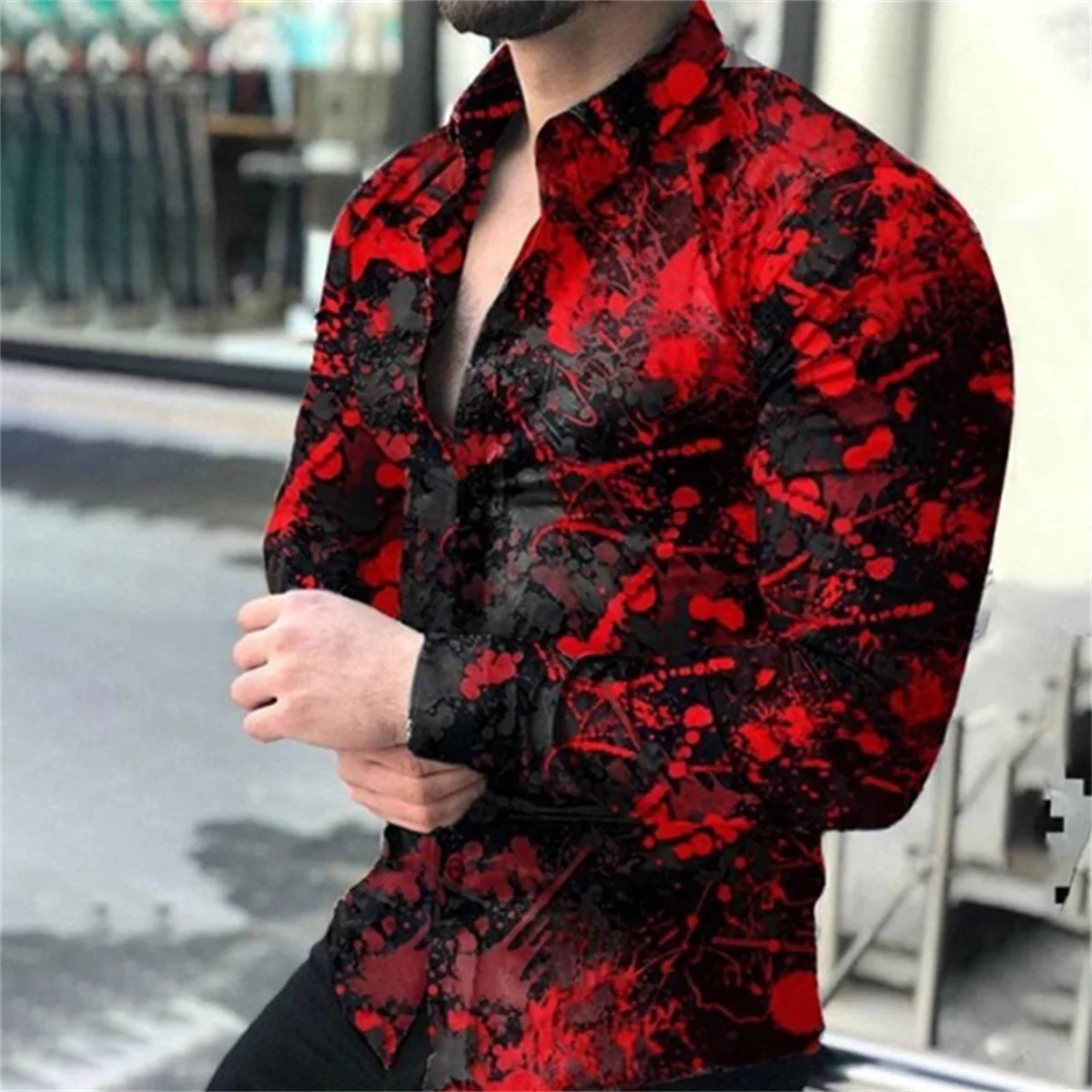 

Fashion Men Spring Autumn business daily casual cardigan long sleeve high quality trend digital print slim-fit lapel shirt