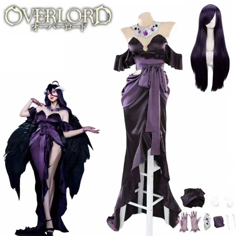 Anime Overlord Season 4 Albedo Cosplay Costume Albedo Evening Party Black Sexy Dress Wig Halloween Uniform Christmas Costume