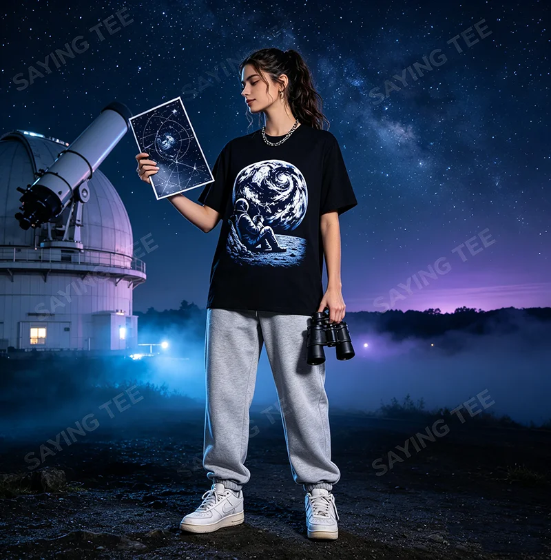 Lustiges T-Shirt mit Astronauten auf dem Mond, der Kaffee trinkt, Y2k, Astronomie, Wissenschaftsliebhaber, Grafik-T-Shirt, Herrenmode, Kleidung aus Baumwolle – Detail 3