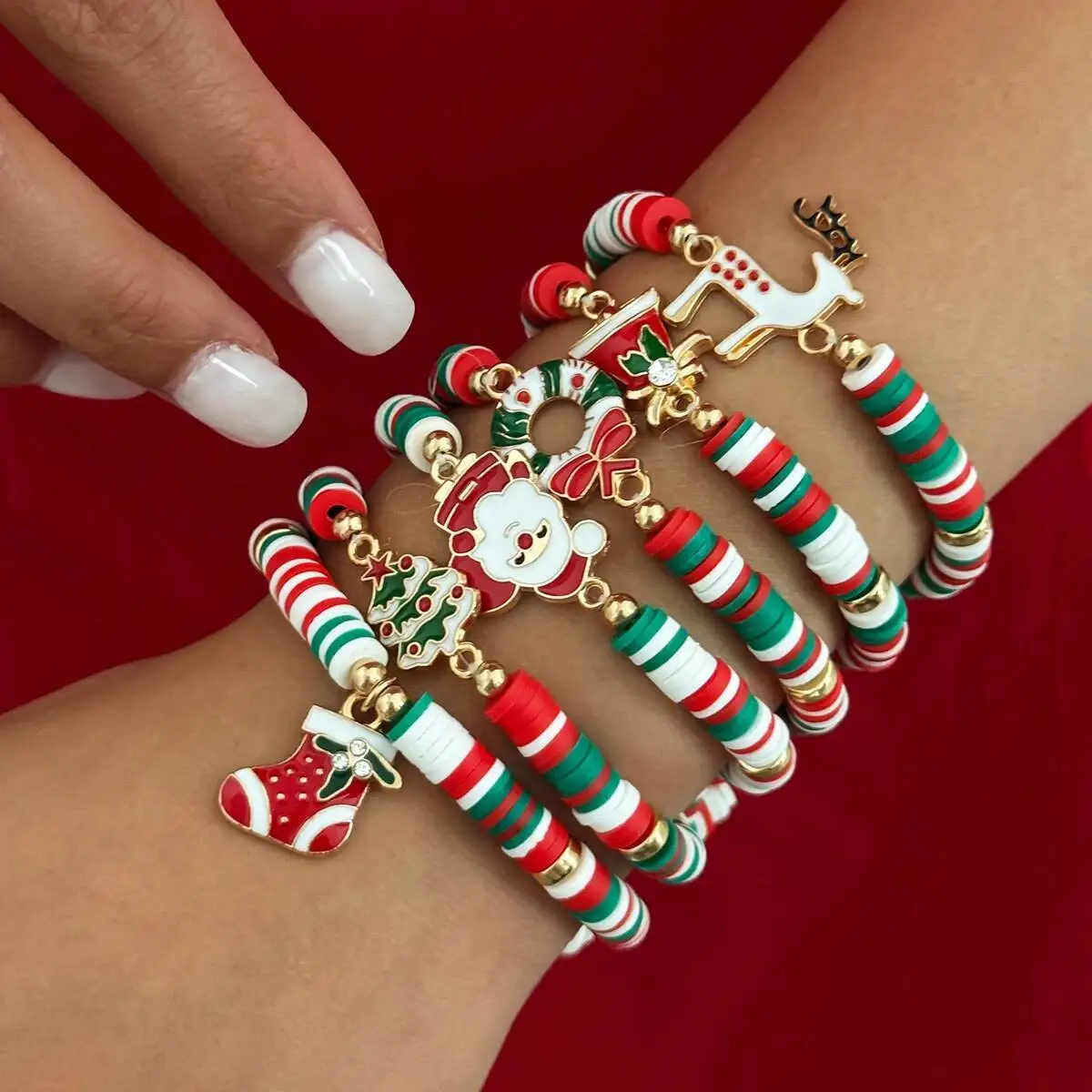 Salircon 6 Teile/satz Weihnachtsbaum Weihnachtsmann Stiefel Hirsch Weichen Ton Armreifen Armband für Frauen Trendy Armreif Schmuck Neujahr Geschenk