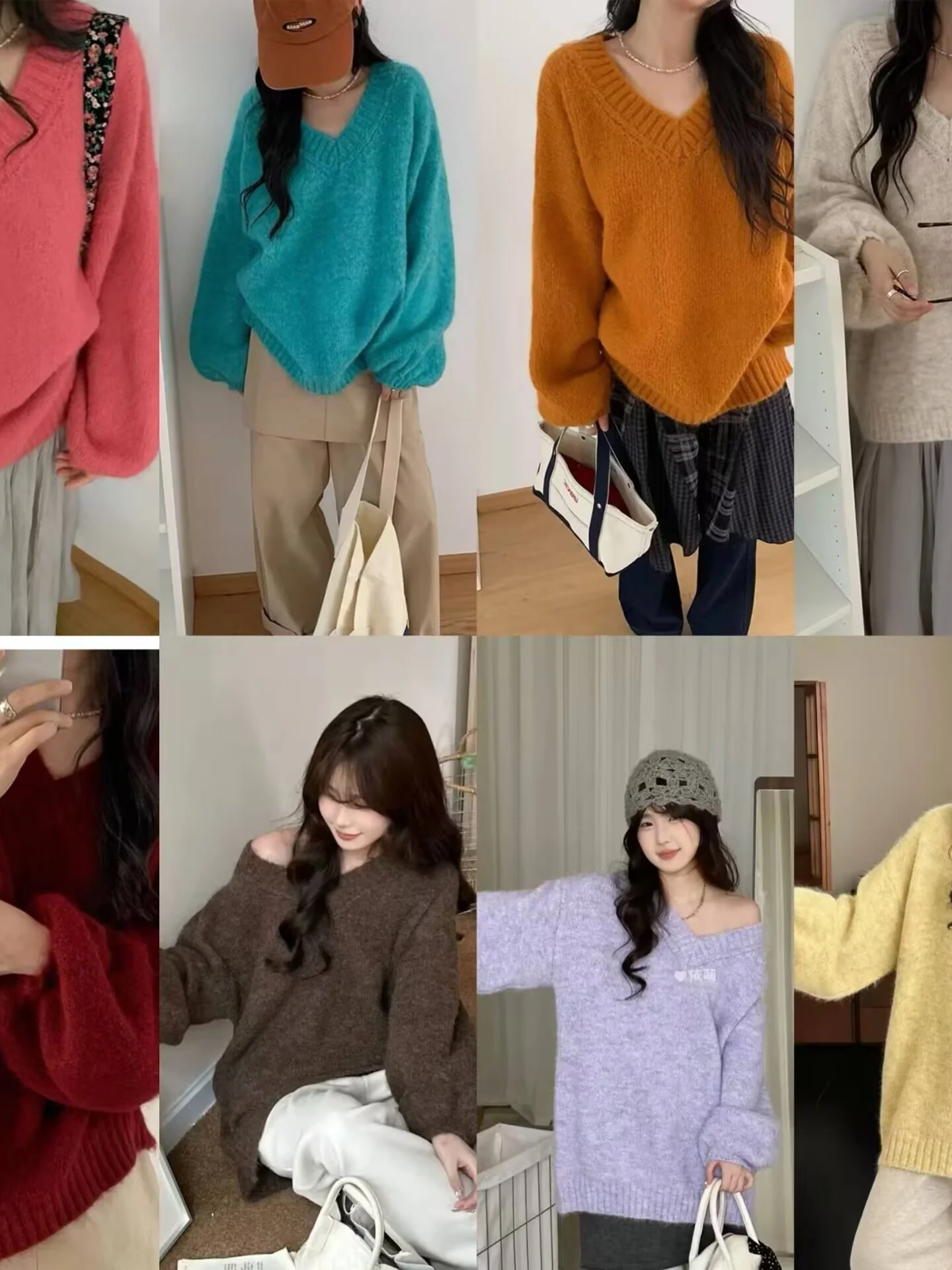 

Loose Fit V-Ne Lantern Sve Knitwear Purple Women's Autumn Winter New Sle Casual Comfortable Slimming Knitted Top