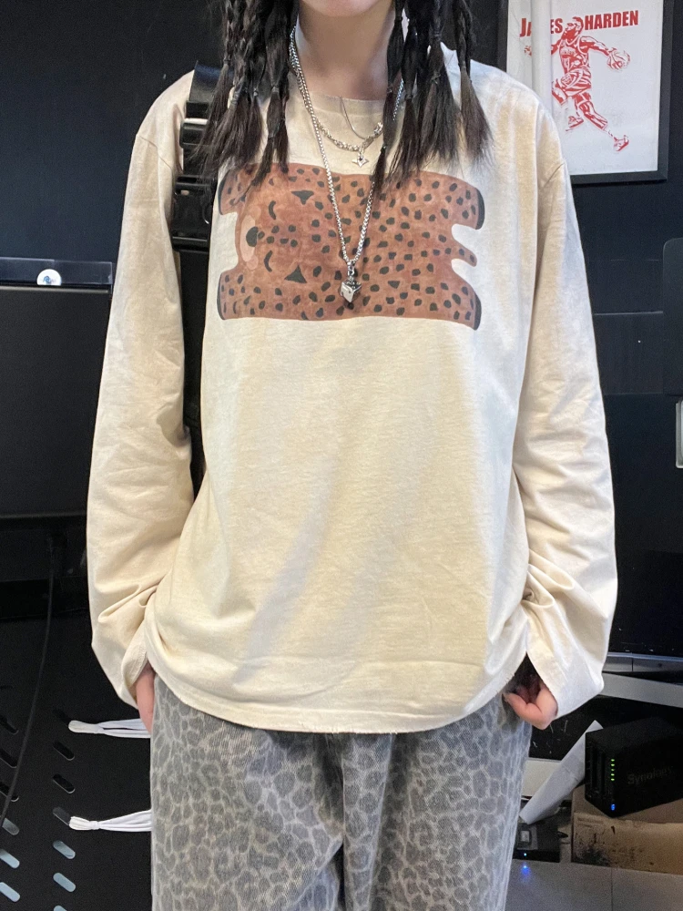 

Vintage Creative Long Sleeve T-Shirt 180G Dirty Design Layering Unique Tiger Print Cotton Blend Summer Casual round Neck