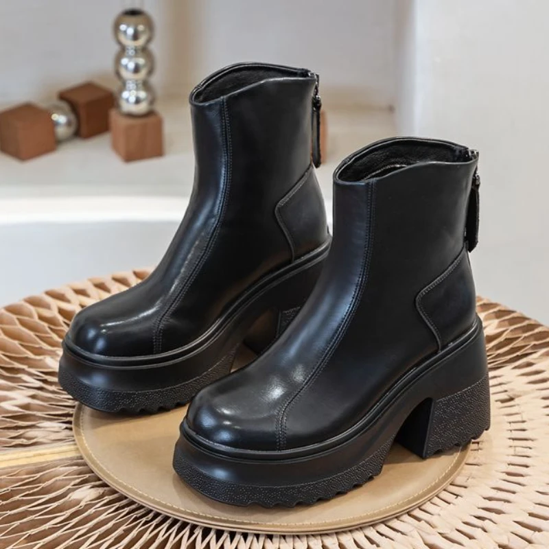 Fujin 10cm Cow Natural Genuine Leather Women Boots Ankle Booties High Top Zipper Autumn Chunky Heels Platform Wedge Ladies Shoes image 6