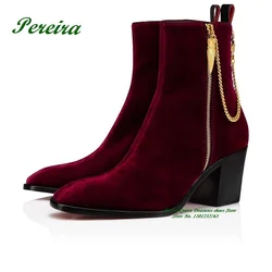 Ankle Strap Suede Gold Zipper Men Chelsea Boots Red Velvet Genuine Leather Round Toe Handmade Gold Chain Decoration Block Heels