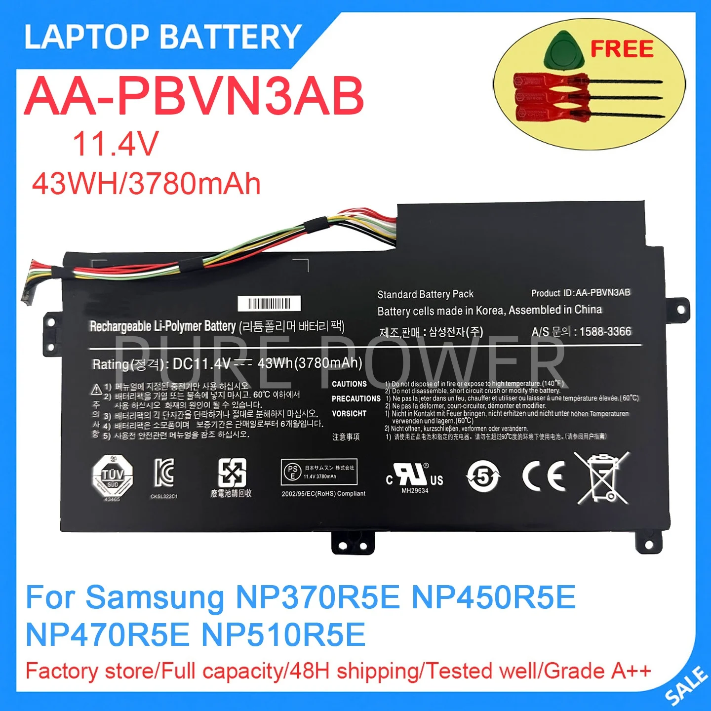 New Laptop Battery AA-PBVN3AB 11.4V 43WH 3780mAh High Quality For Samsung NP370R5E NP450R5E NP470R5E NP510R5E