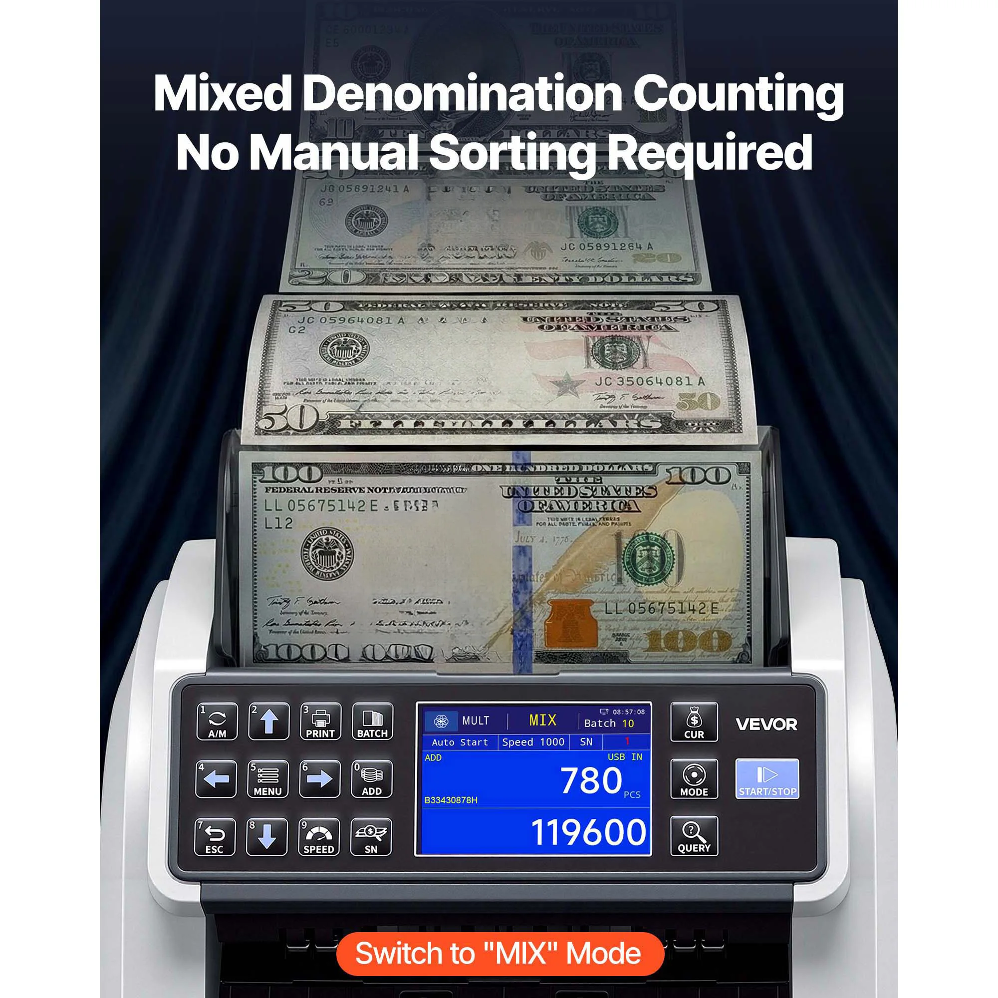 SucceBuy Money Counter Machine Mixed Denomination CIS/UV/MG Counterfeit Detection Multi-Currency Support with External Display