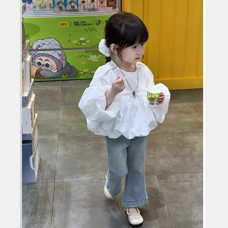 2 4 6 7Y طفل الفتيات الخريف مجموعة جديدة للأطفال فقاعة كم قميص طبعة فضفاضة + الجينز قطعتين مجموعة