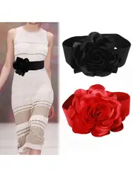 New Design Black Large Flower Decoration Wide Belt Versatile Red Elastic Women Waistband Coat Dress Accessories Skirt All Season