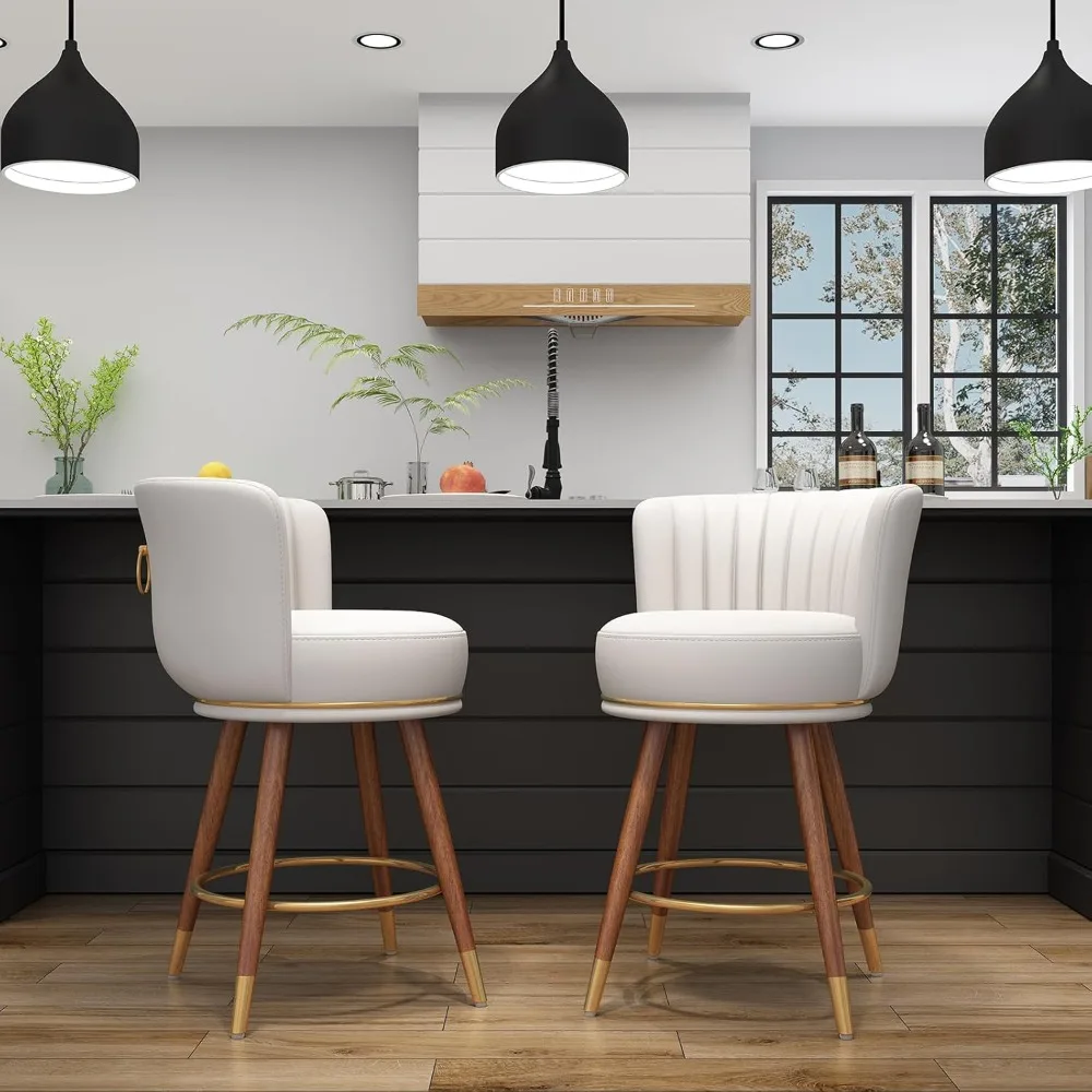 

Counter Height Bar Stools with Back, Leather Swivel Counter Stool with Wood Legs and Footrest, Upholstered Pub Stools