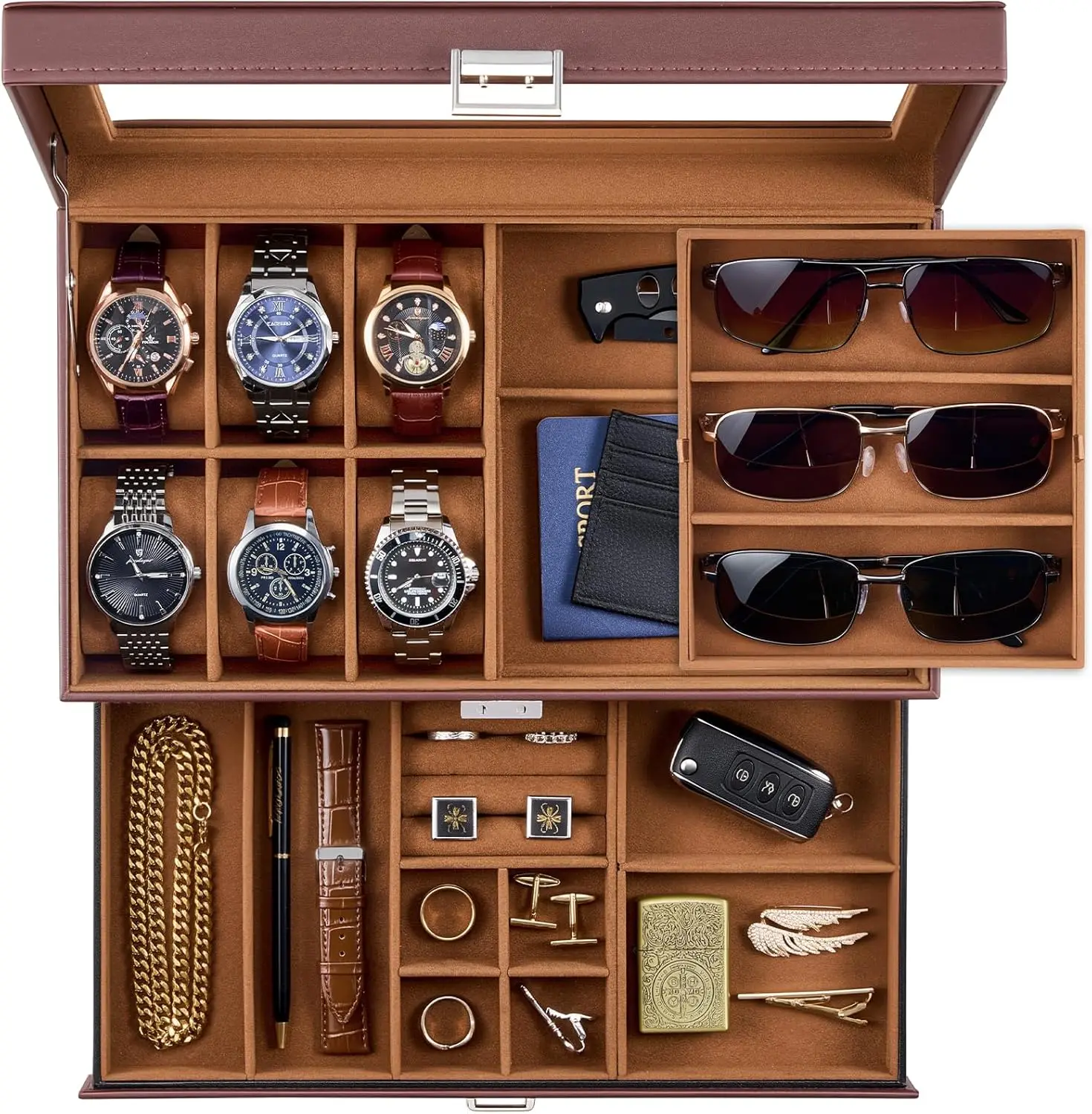 

Роскошный футляр для часов на 6 слотов с выдвижным ящиком, крышкой из настоящего стекла и запирающимся отсеком для хранения мужских коллекций часов (коричневый/бежевый)