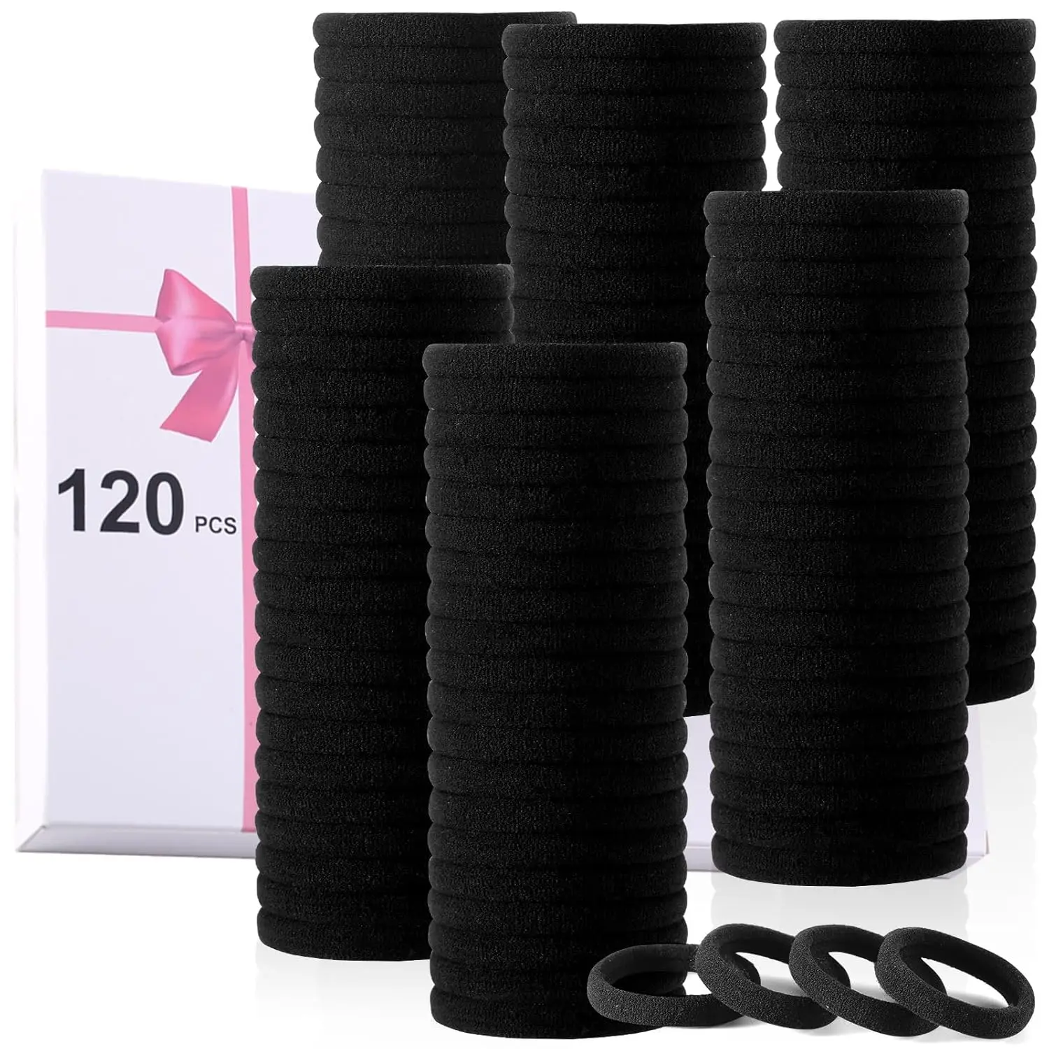 

120PCS Seamless Black Hair Ties for Thick Hair – No Damage Elastic Ponytail Holders, Bulk Nylon Bands for Women