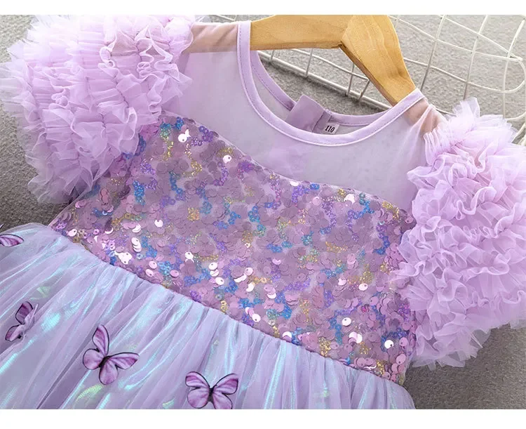 2024 Summer New Girls Butterfly Wings Sequin Splice Dress Children Performance Dress Baby Bubble Sleeve Princess Dress