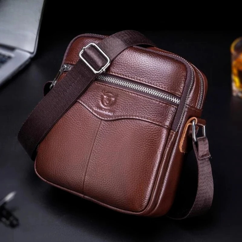 BULLCAPTAIN, nueva bandolera de cuero 100% genuino para hombre, bandolera informal para marido, bandolera pequeña de marca con doble cremallera.